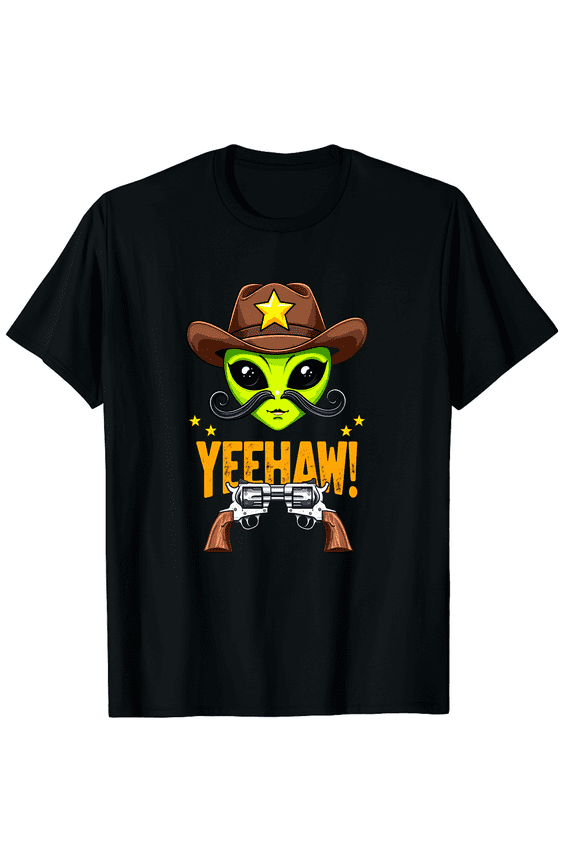 Space Yeehaw Alien Cowboy Halloween Alien Western Graphic Black T-Shirt for Men and Women