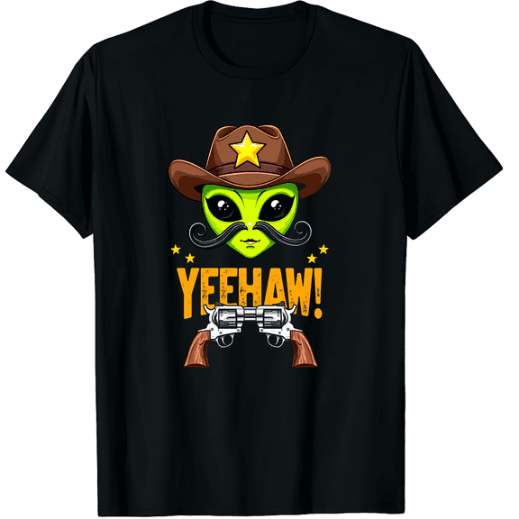 Space Yeehaw Alien Cowboy Halloween Alien Western Graphic Black T-Shirt for Men and Women