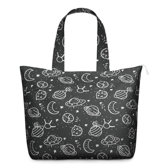 Space and Stars Travel Tote - Lightweight Zippered Bag with Side Pockets, Nebula & Constellation Design for Women