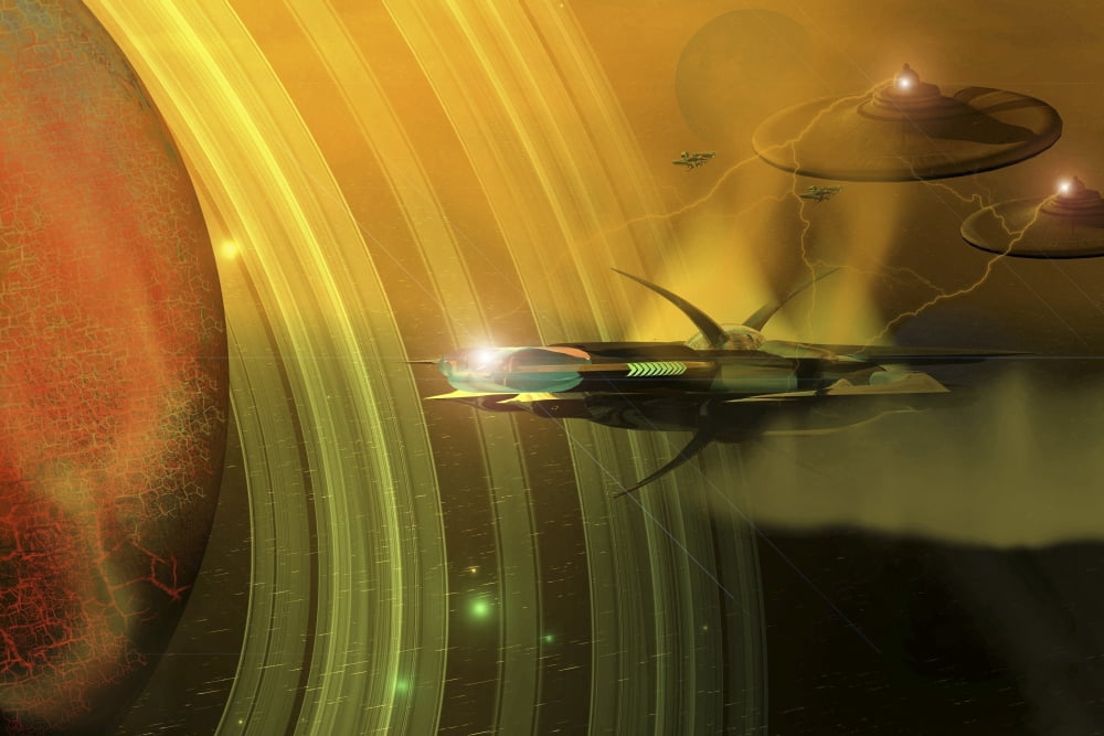 Space battle with two rival factions near a planetary body Canvas Art - Corey FordStocktrek Images (35 x 23)