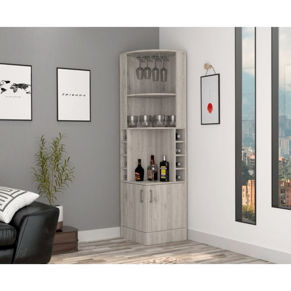 Space - efficient light gray corner cabinet featuring 8 bottle cubbies 2 shelves for dining area