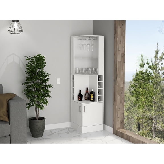 Space - efficient white corner cabinet with 8 bottle cubbies and 2 shelves for bar use