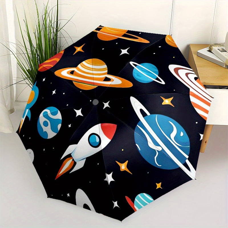 Space exploration umbrella with vivid cartoon planet and star design - compact automatic opening/closing, sturdy 8-rib steel frame, lightweight travel umbrella suitable for all seasons