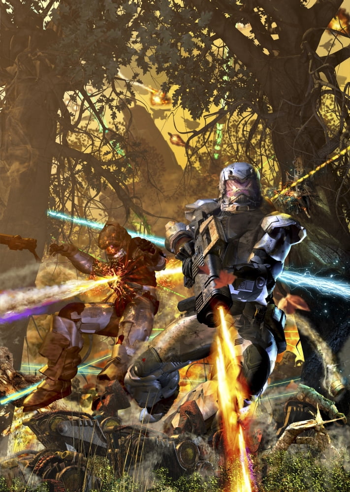Space marine fighting Mechs in the woods Canvas Art - Kurt MillerStocktrek Images (24 x 33)