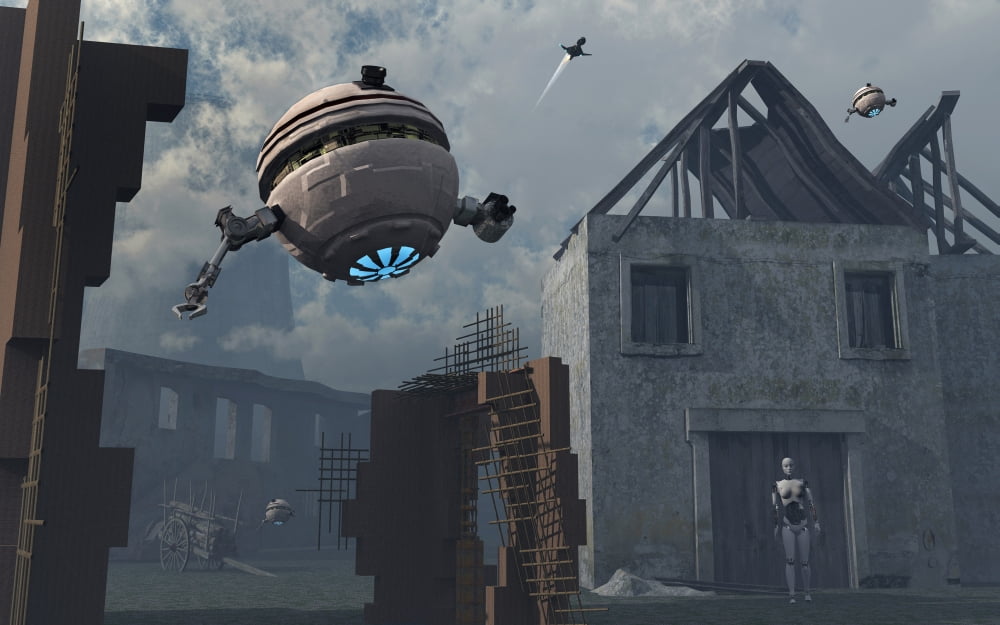 Space probes and androids survey an ancient civilization Canvas Art - Mark StevensonStocktrek Images (36 x 23)