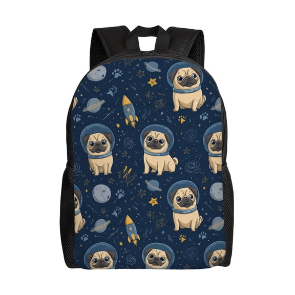 Space pug illustration Backpack with 15 Inch Laptop Compartment,Water-Resistant Daypack, Large Capacity Backpack with Adjustable Breathable Shoulder Straps for Daily Use Travel Gym