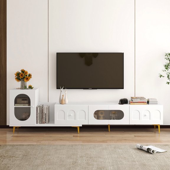 Space-saving Extendable Wood TV Stand / Stores Multimedia Devices Efficiently