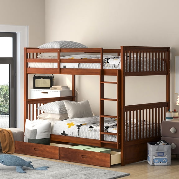 Space - saving Twin - Over - Twin bunk bed with drawers provides extra storage in small bedrooms