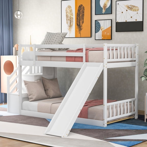 Space - saving White Bunk Bed - Stairway for Easy Climbing - In Small Living Spaces - Maximizes Utility