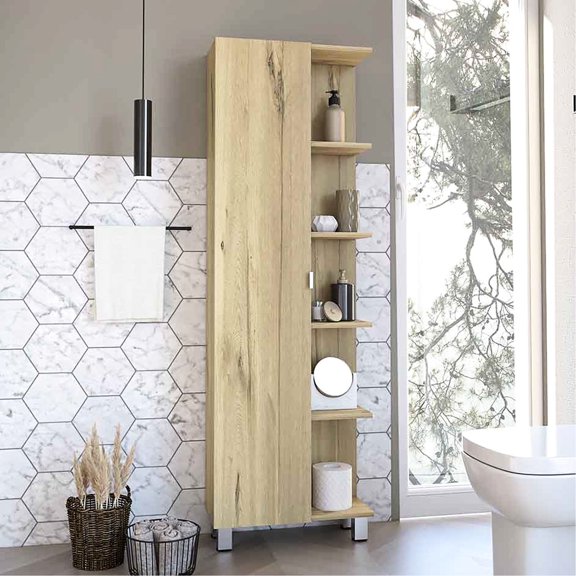 Space - saving and Stylish Storage Solution - Enhance Your Room with a Corner Cabinet Featuring Five Open Shelves and a Single Door