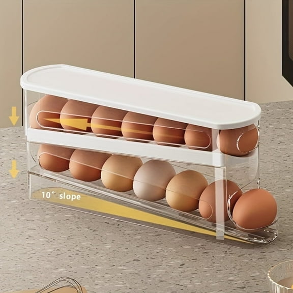 BEISHINK Refrigerator Double - Layer Rolling Egg Storage Box, PET Material White