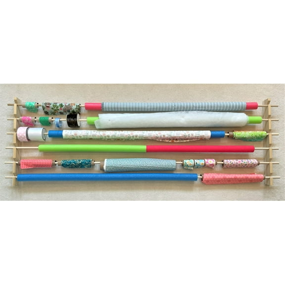 Space saving, frontloading, FABRIC ORGANIZER for 6 rows of your fabrics & quilting materials. Must-have for sewing rooms & quilters. Adjustable Width. Wall mount. 6 Dowels (up to 60" long) included.