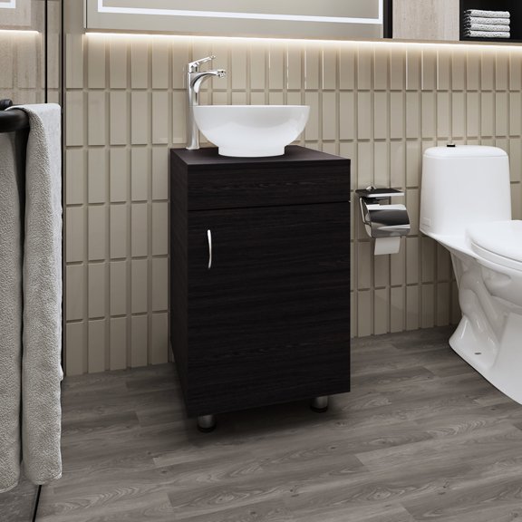 Space - saving vanity with sink and drawer for storing toiletries in bathroom