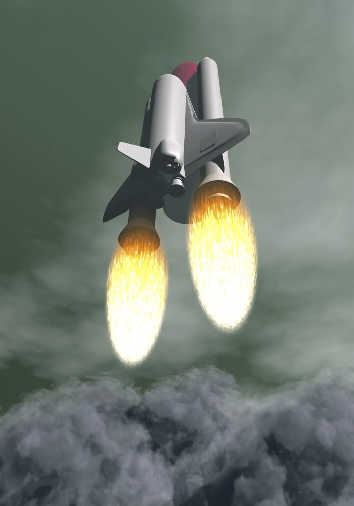 Space shuttle taking off amongst grey smoke and clouds Canvas Art - Elena DuvernayStocktrek Images (12 x 17)