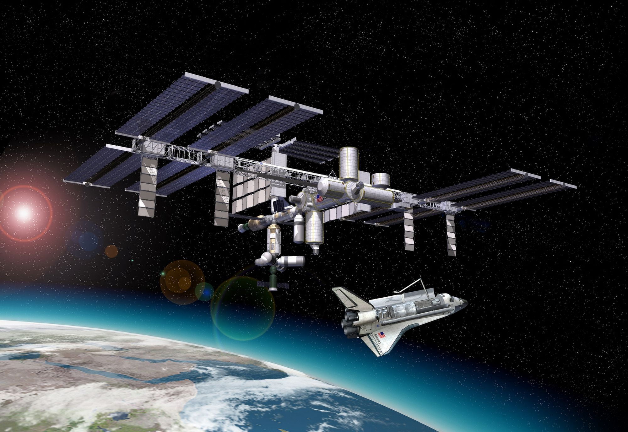 Space station in orbit around Earth with space shuttle Canvas Art - Leonello CalvettiStocktrek Images (17 x 12)