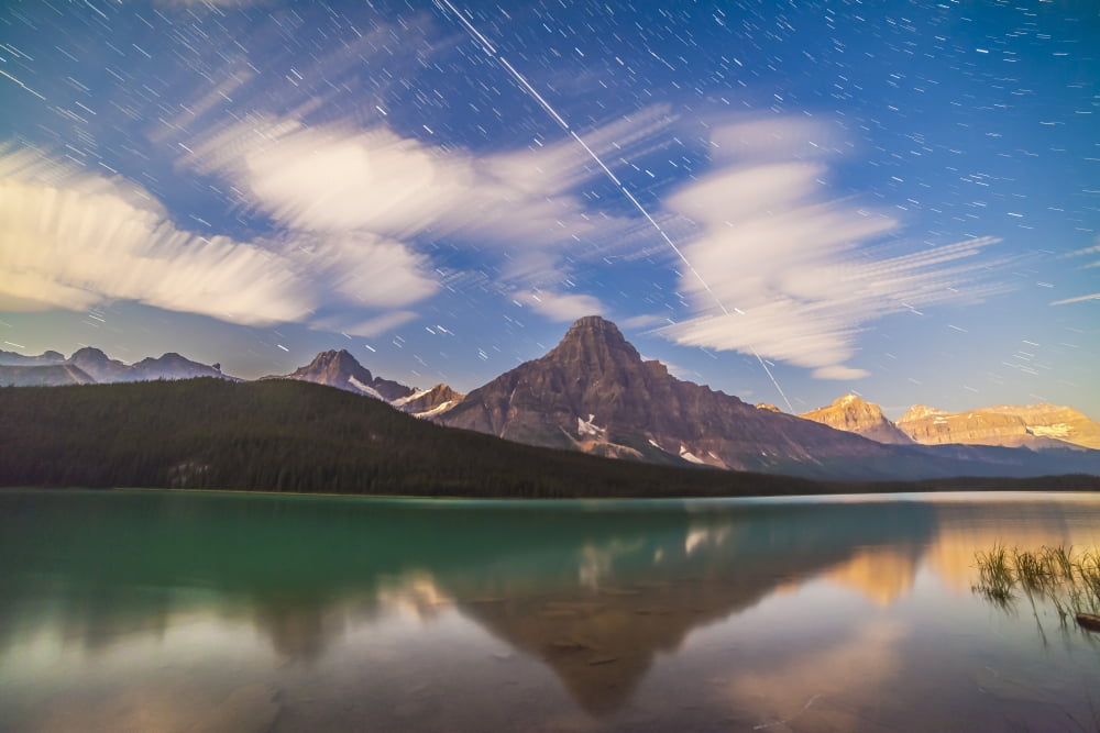 Space station passing west to east over Mt Chephren in Banff National Park Canada Canvas Art - Alan DyerStocktrek Images (34 x 23)