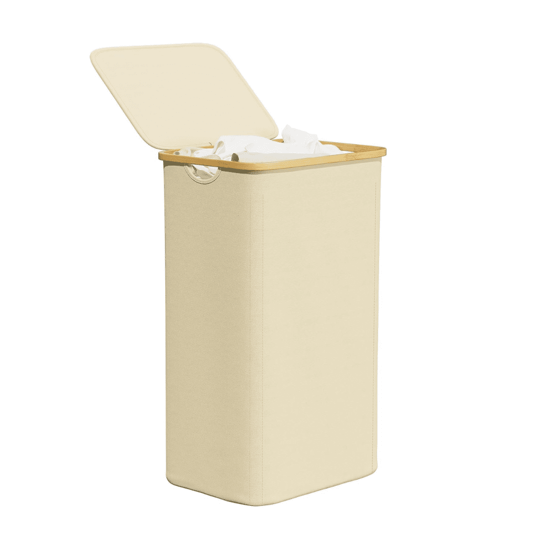 Beige Collapsible Upright Laundry Hamper with Bamboo Handles and Lid