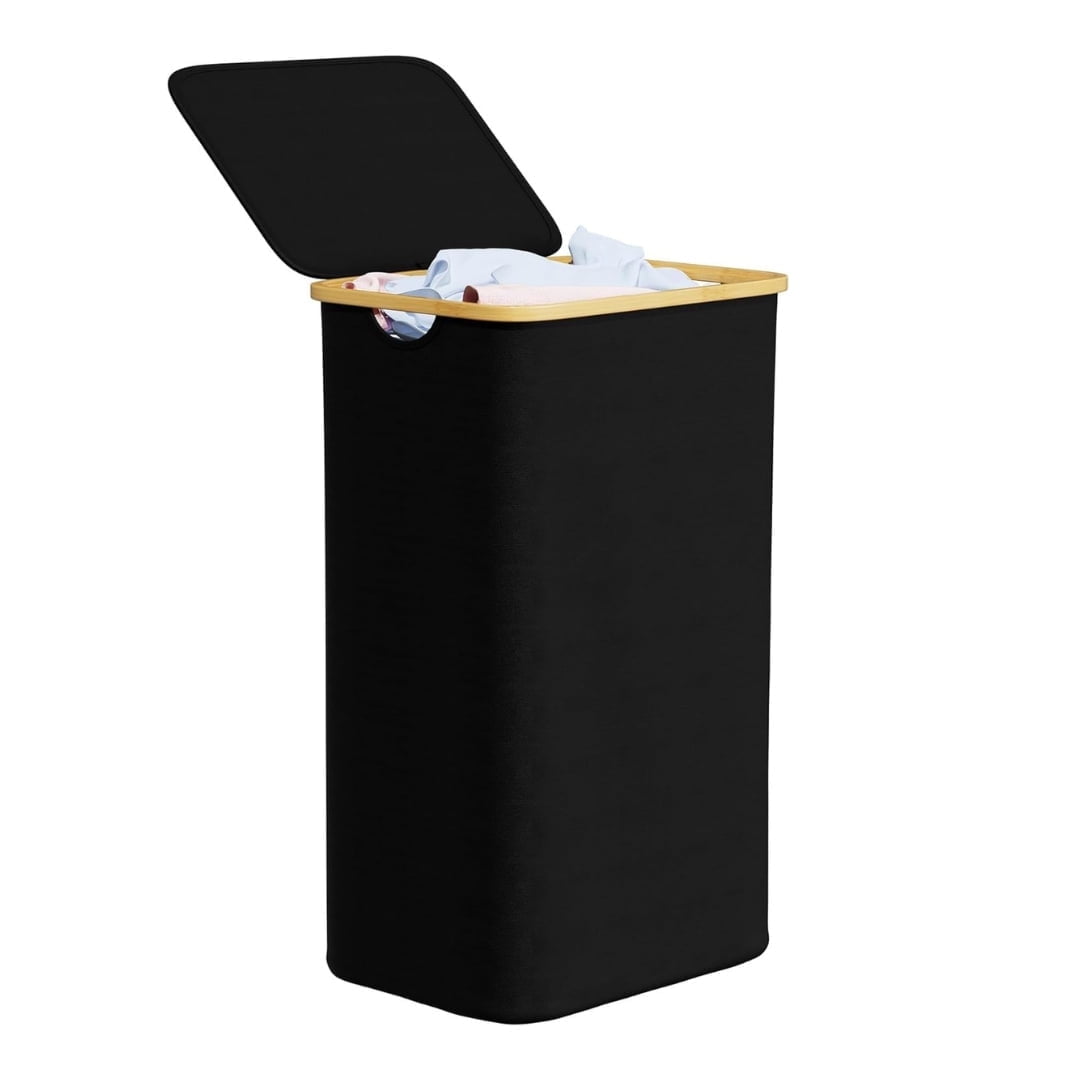 Black Collapsible Laundry Hamper with Bamboo Lid and Handles