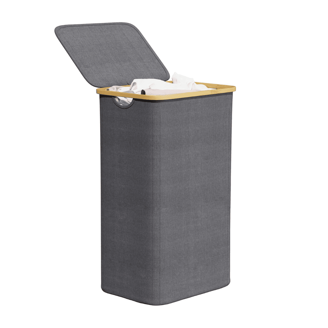 Gray Collapsible Upright Laundry Hamper with Bamboo Lid