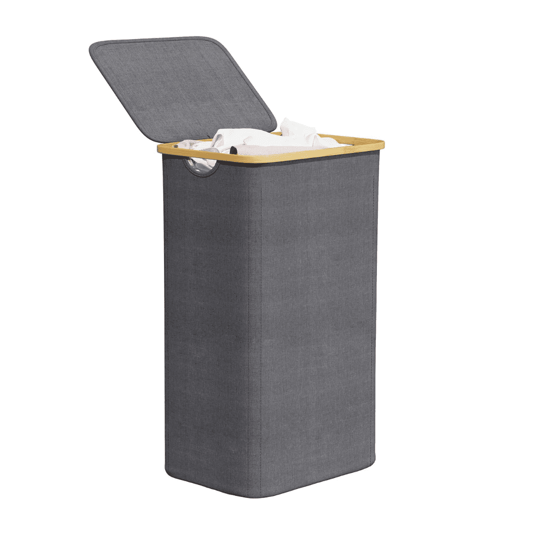 Gray Collapsible Upright Laundry Hamper with Bamboo Lid