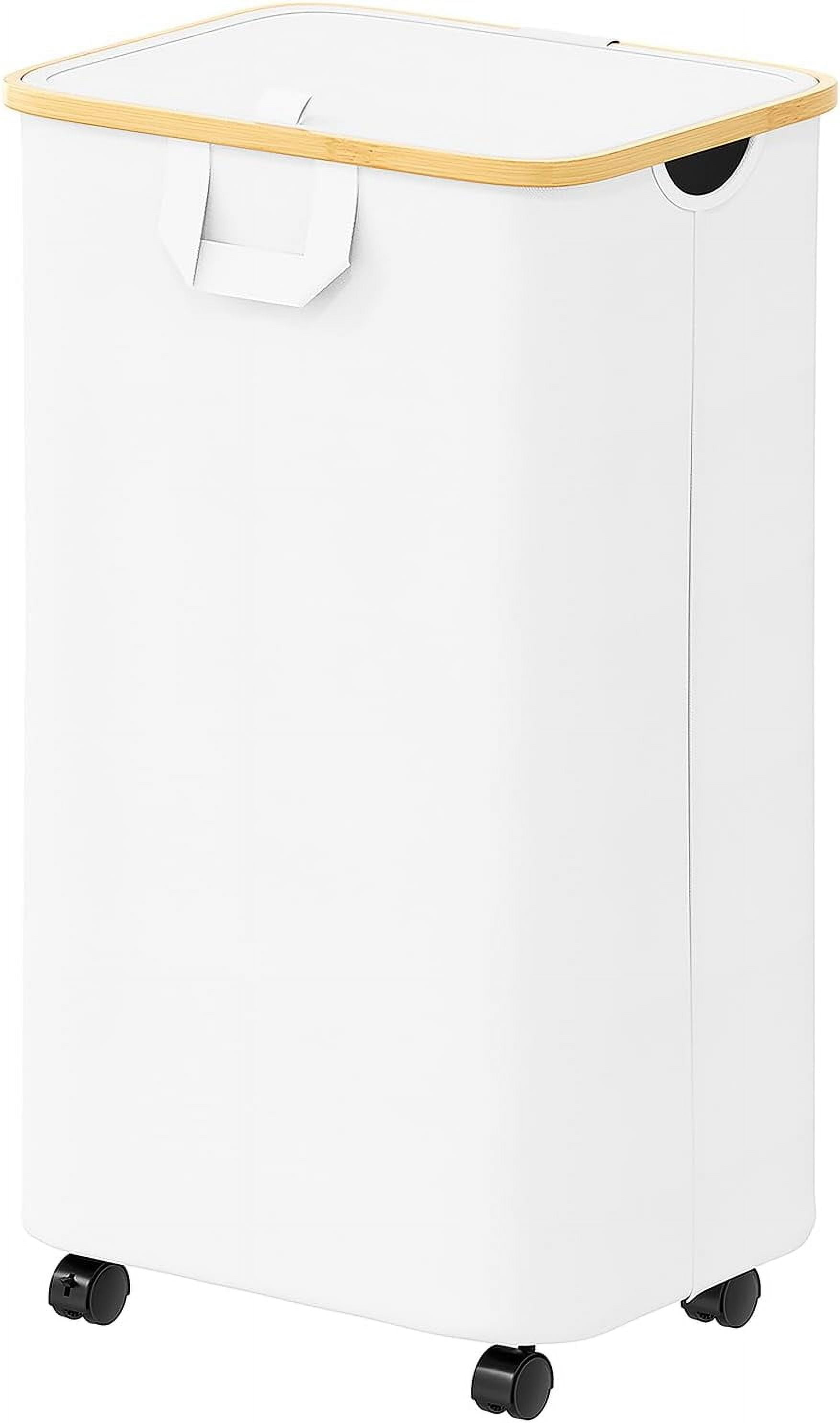 SpaceAid 110L Laundry Hamper With Lid – Collapsible Tall Clothes Basket With Bamboo Handles, Light Grey