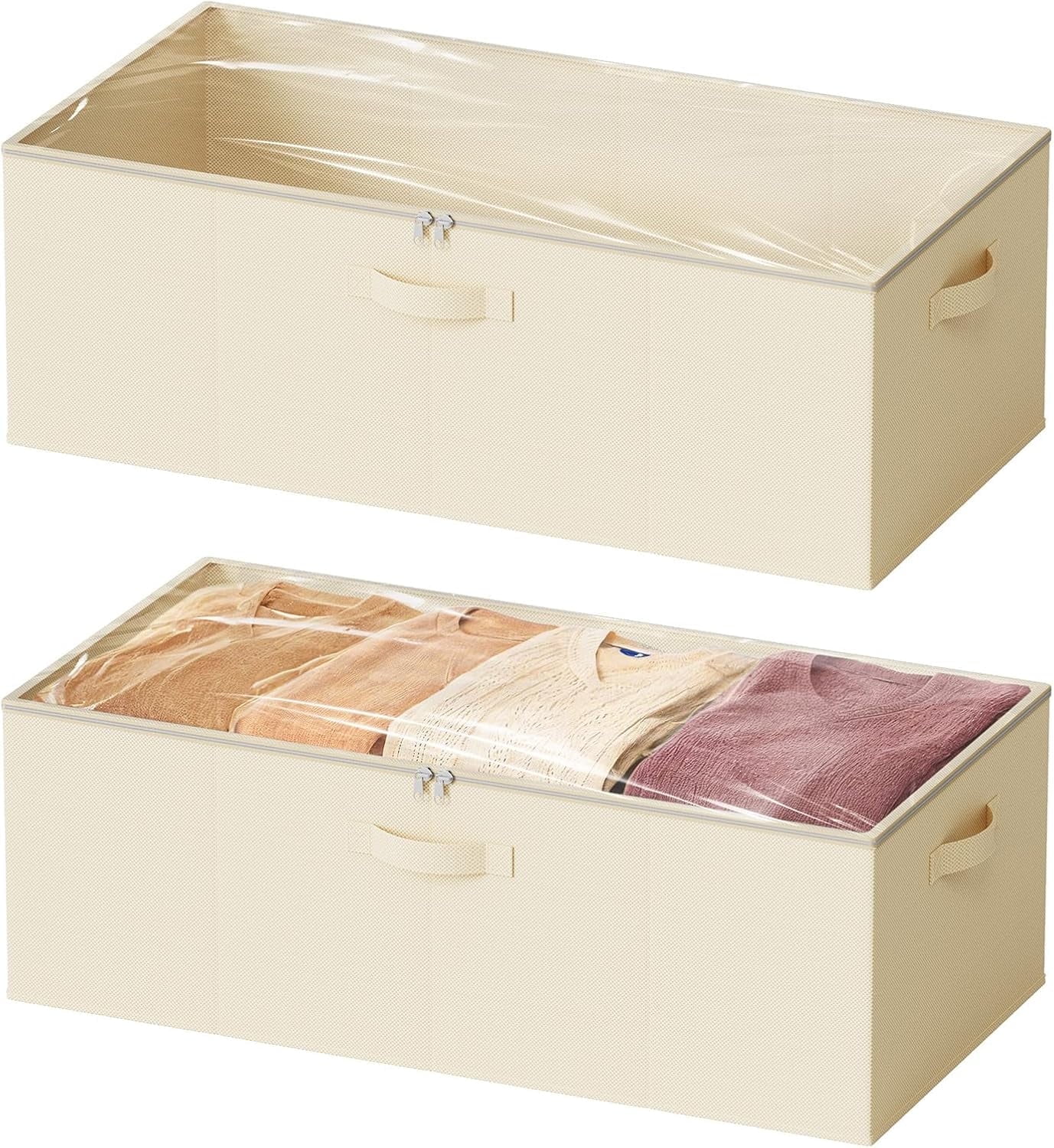 Beige Fabric Stackable Under Bed Storage Containers with Clear Lids