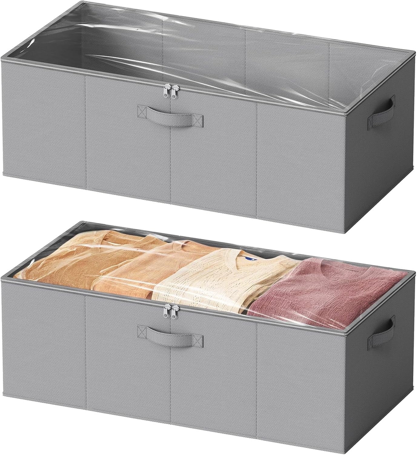 Gray Fabric Stackable Under Bed Storage Bins with Clear Lids