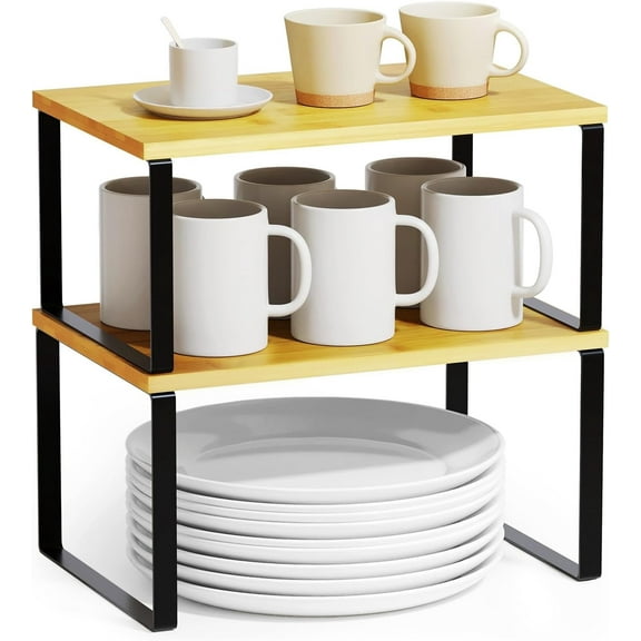 SpaceAid 2 Pack Bamboo Cabinet Shelf Organizers, Kitchen Counter Shelves, Black
