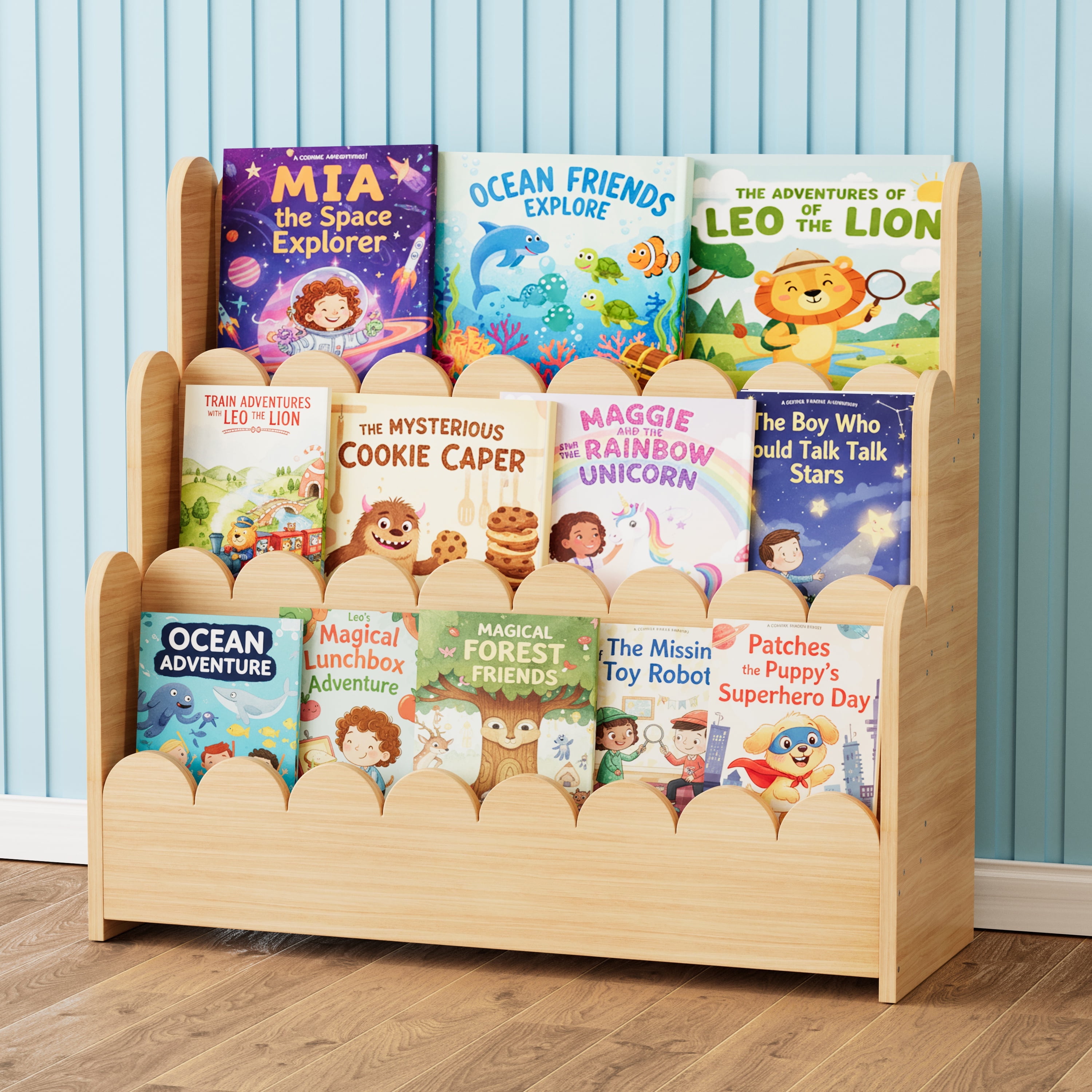 SpaceAid 3 Tier Wood Scalloped Bookshelf, Montessori Bookcase for Toddlers, Natural