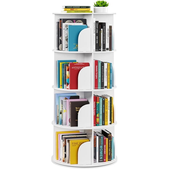 SpaceAid 4 Tier Rotating Bookshelf Tower, Spinning Bookcase Lazy Susan, Revolving 360 Book Shelf Storage Round Carousel, Vertical Rotate Turning Spiral Corner Organizer, White