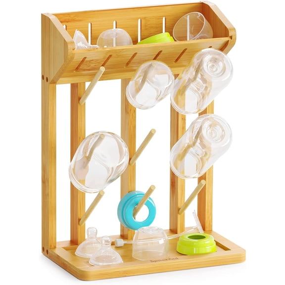 SpaceAid Bamboo Baby Bottle Drying Rack, Space Saving Kitchen Bottles Holder Organizer for Baby Bottle Rack Dryer Storage Accessories (Natural, 9 Bottles)