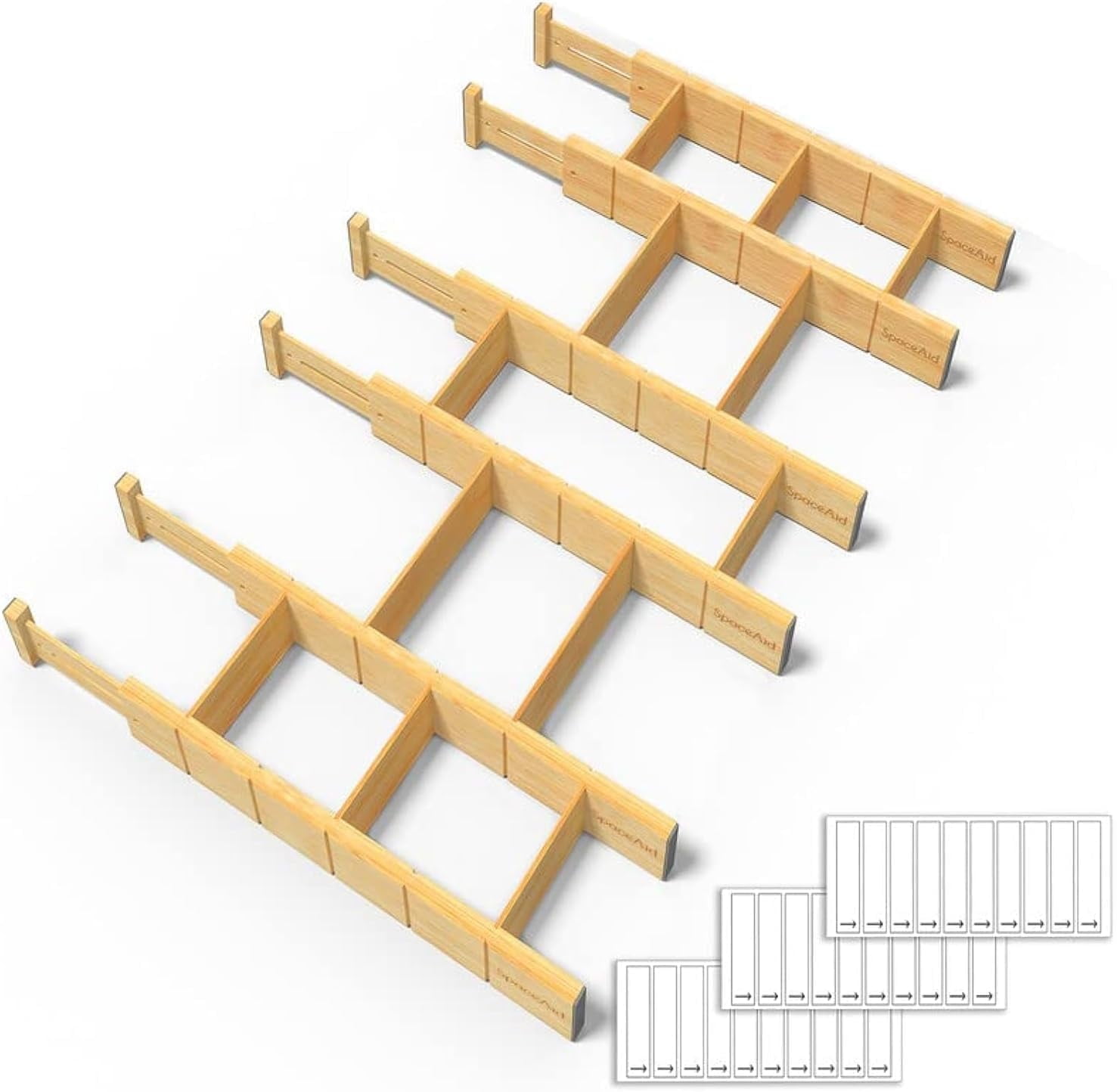 SpaceAid Bamboo Drawer Dividers with Inserts and Labels, Kitchen Adjustable Drawer Organizers, 6 Dividers with 12 Inserts (17-22 in)