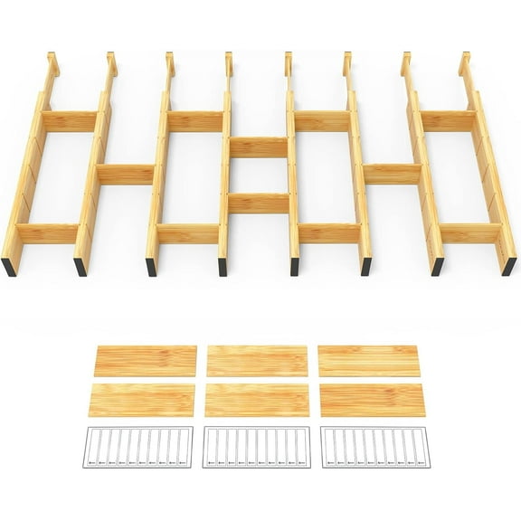 SpaceAid Bamboo Drawer Dividers with Inserts and Labels, Kitchen Adjustable Drawer Organizers, 8 Dividers with 18 Inserts (17-22 in)