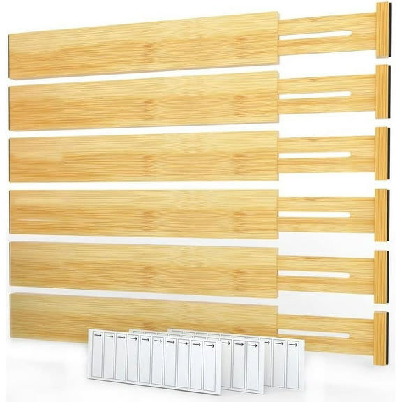 SpaceAid Bamboo Drawer Dividers with Labels, Kitchen Adjustable Drawer Organizers,6 Dividers (17-22 in)