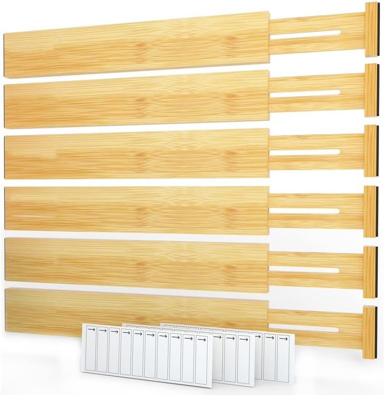Set of 6 Adjustable Bamboo Drawer Dividers with Labels
