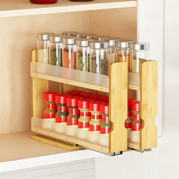 SpaceAid Bamboo Pull Out Spice Rack Organizer for Cabinet, Heavy Duty Slide Out Seasoning Kitchen Pantry Sliding Vertical Organization, 7.6" Wide, 3 Drawers(2" Wide), 2-Tier, Natural