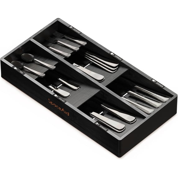 SpaceAid Bamboo Silverware Drawer Organizer with Labels, 15.6"L x 8"W x 2.4"H, Black