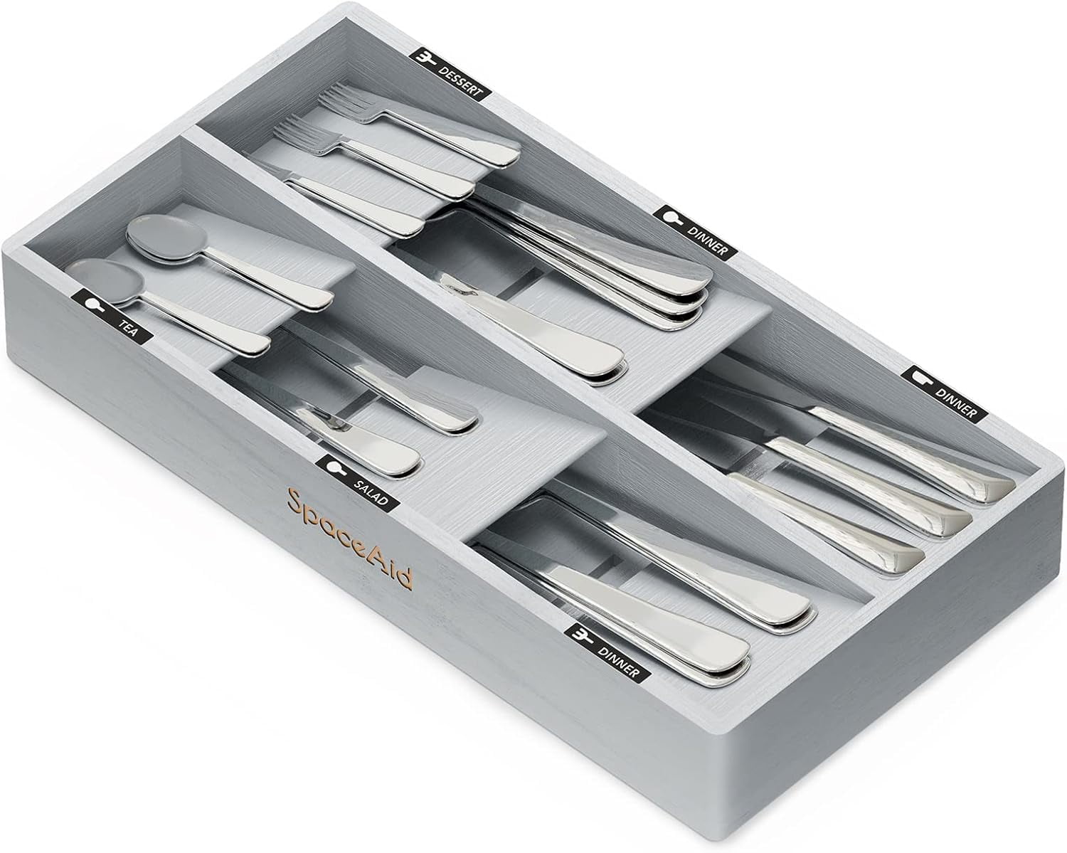 Gray Bamboo 6-Slot Silverware Drawer Organizer with Labels