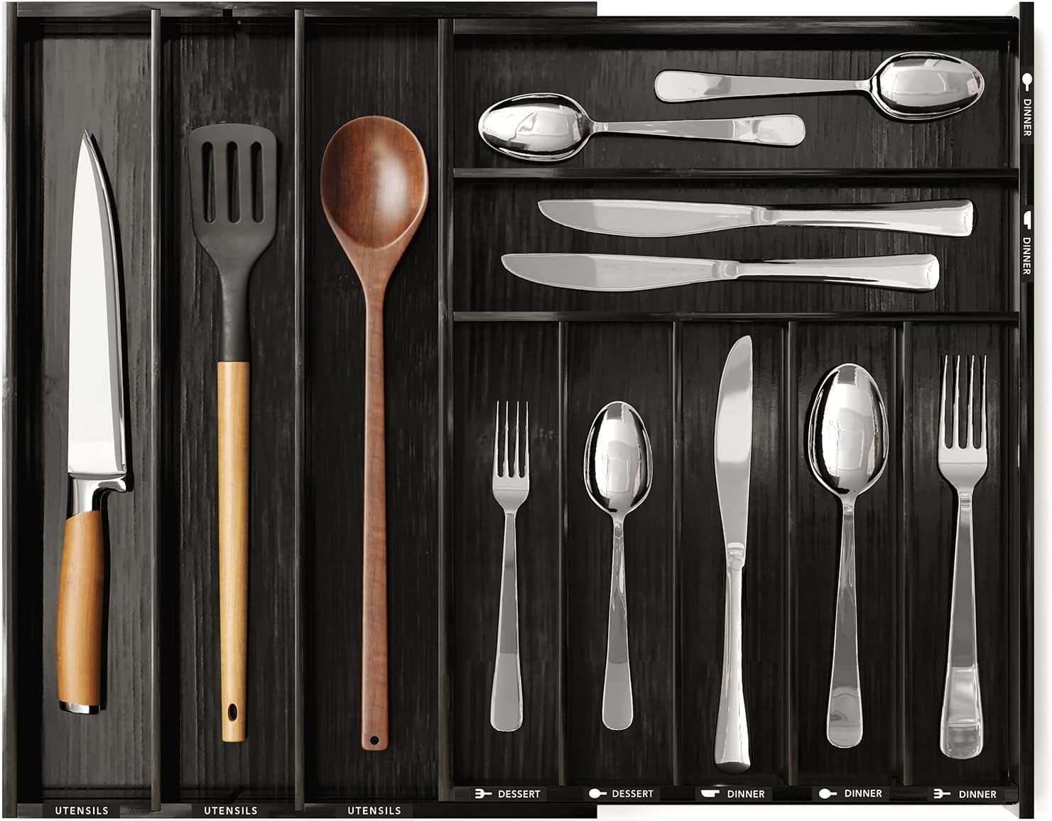 SpaceAid Bamboo Silverware Drawer Organizer with Labels, Expandable, 10 Slots, Black