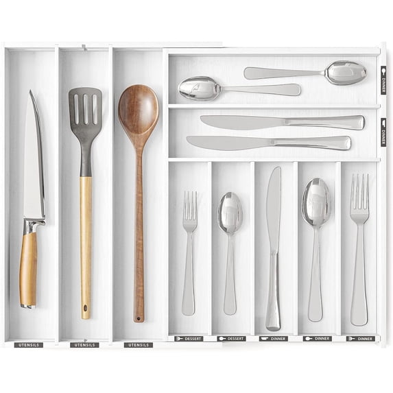 SpaceAid Bamboo Silverware Drawer Organizer with Labels, Expandable, 10 Slots, White
