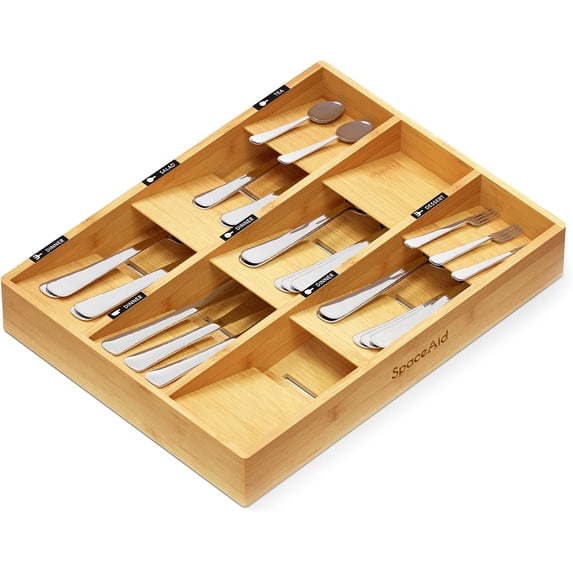 SpaceAid Bamboo Silverware Drawer Organizer with Labels, Kitchen Utensil Tray Holder Organizer (9 Slots)