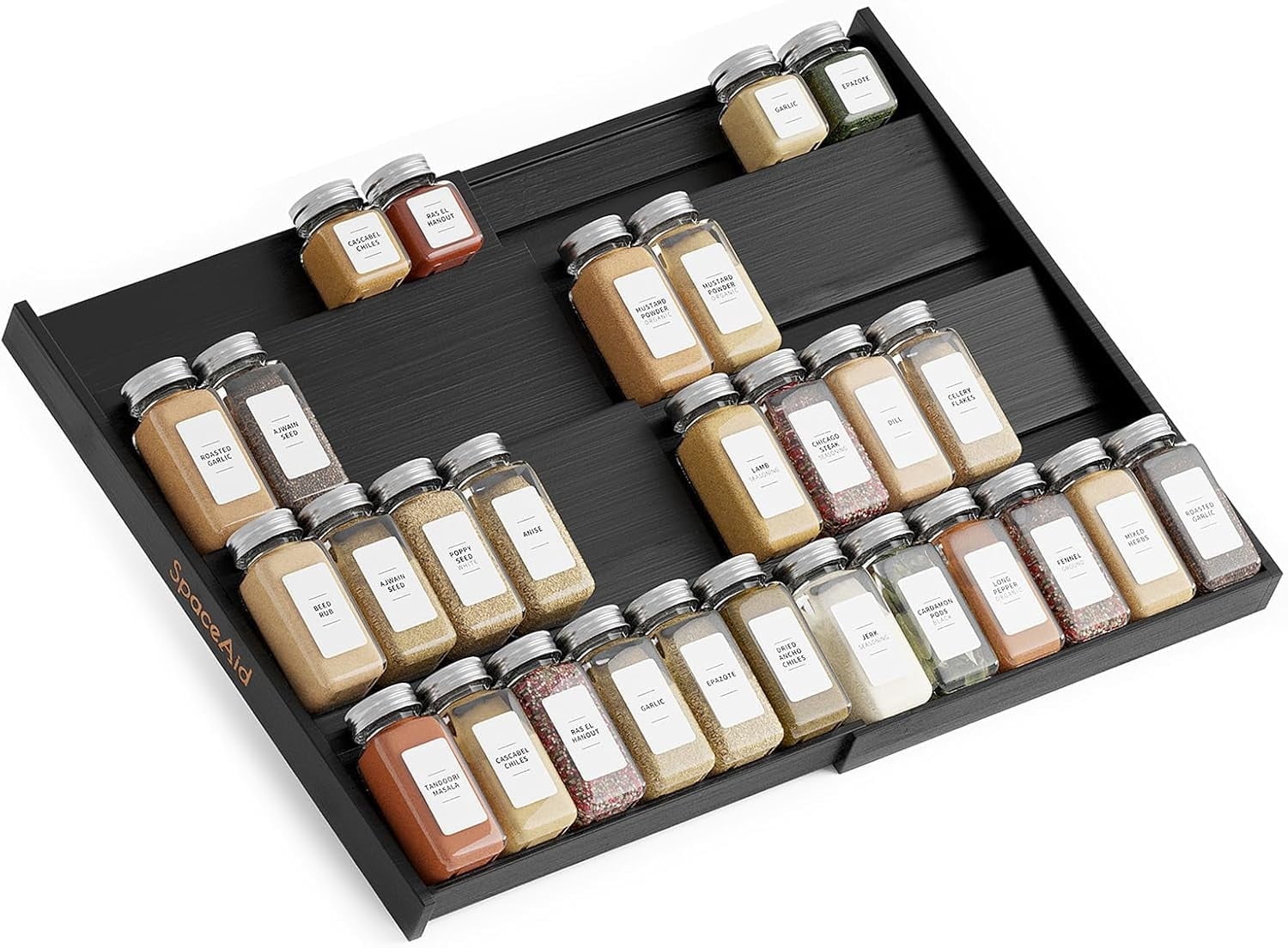 SpaceAid Bamboo Spice Drawer Organizer, Expandable, from 12" to 23" Wide (Need 3" Deep Drawer, Jars Not Included), Black