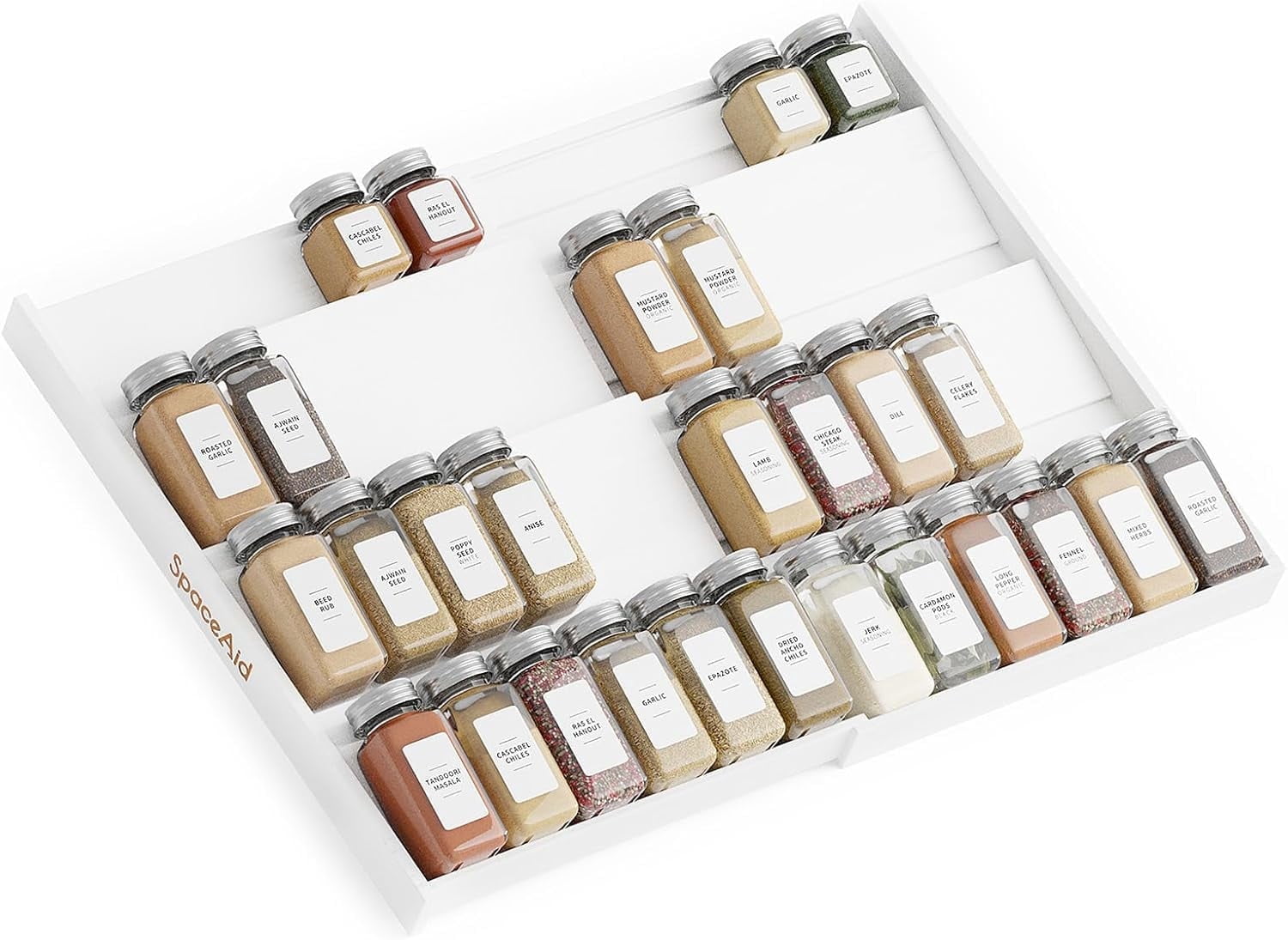 SpaceAid Bamboo Spice Drawer Organizer, Expandable, from 12" to 23" Wide (Need 3" Deep Drawer, Jars Not Included), White