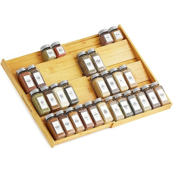 SpaceAid Bamboo Spice Drawer Organizer, Expandable, from 12" to 23" Wide (Need 3" Deep Drawer, Jars Not Included)