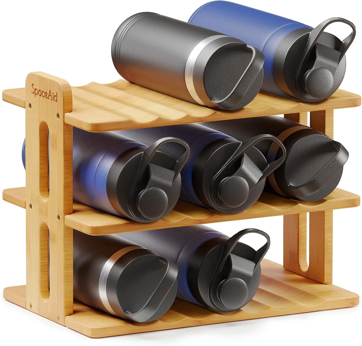 SpaceAid Bamboo Water Bottle Organizer with Labels, 3-Tier Stackable Bottle Holder