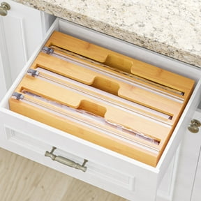 SpaceAid Bamboo Wrap Organizer with Cutter and Labels, Plastic Wrap, Aluminum Foil and Wax Dispenser for Kitchen