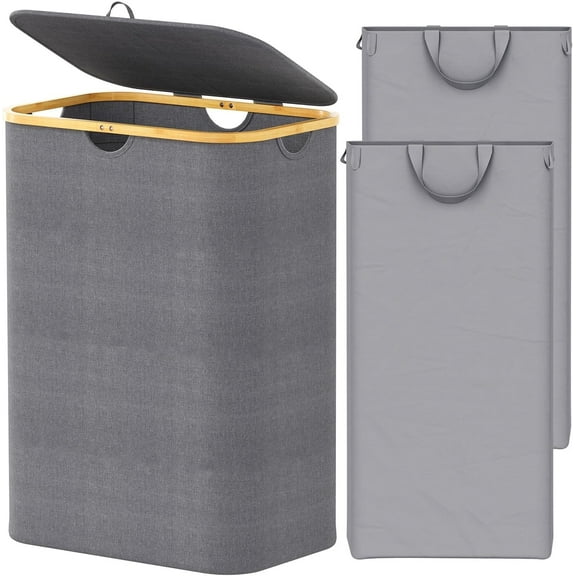 SpaceAid Double Laundry Hamper 2 Section with Lid and Removable Laundry Bags, 160L Clothes Basket, Grey