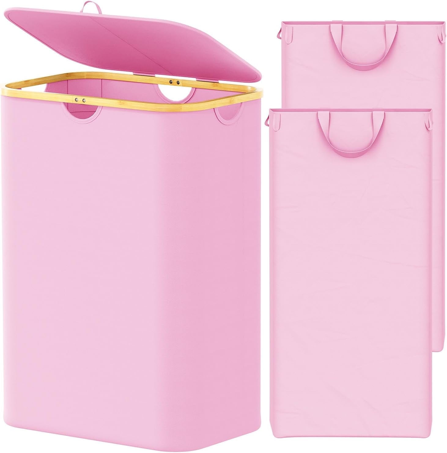 SpaceAid Double Laundry Hamper 2 Section with Lid and Removable Laundry Bags, 160L Clothes Basket, Pink