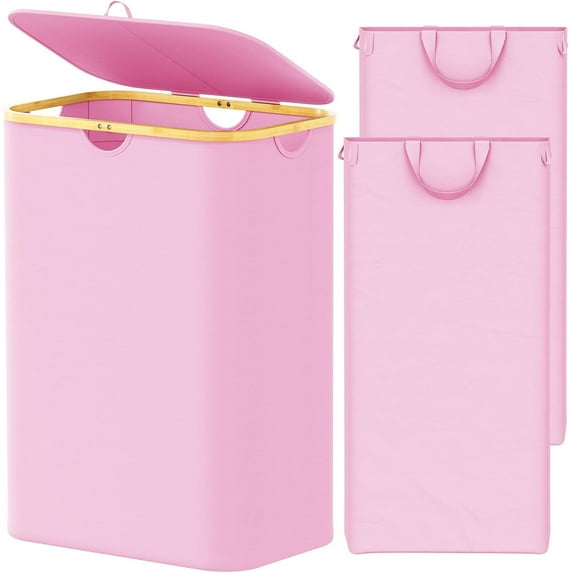 SpaceAid Double Laundry Hamper 2 Section with Lid and Removable Laundry Bags, 160L Clothes Basket, Pink