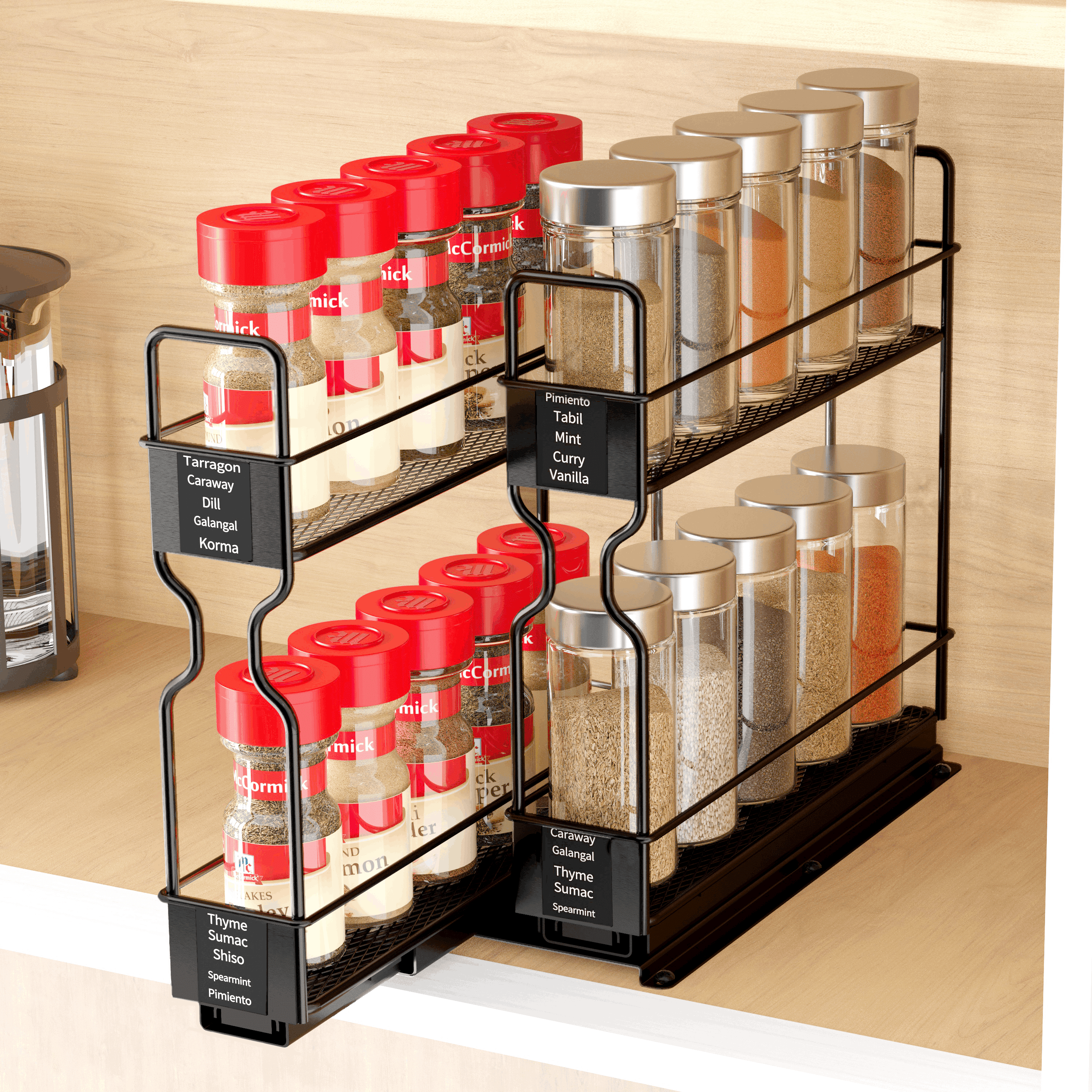 Heavy Duty Black Steel Pull Out Spice Rack Organizer with Labels